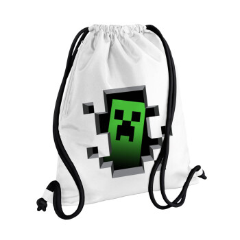Minecraft creeper, Τσάντα πλάτης πουγκί GYMBAG λευκή, με τσέπη (40x48cm) & χονδρά κορδόνια