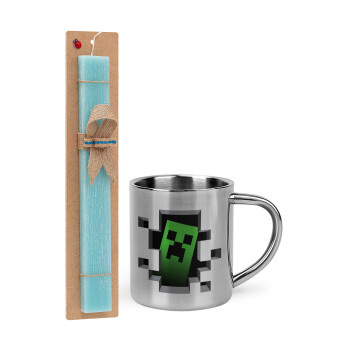Minecraft creeper, Πασχαλινό Σετ, μεταλλική κούπα θερμό (300ml) & πασχαλινή λαμπάδα αρωματική πλακέ (30cm) (ΤΙΡΚΟΥΑΖ)