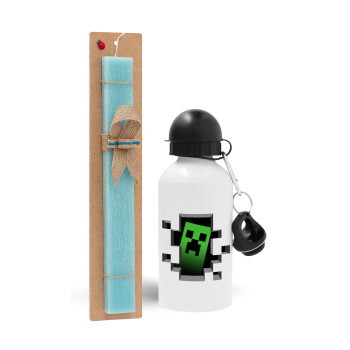 Minecraft creeper, Πασχαλινό Σετ, παγούρι μεταλλικό αλουμινίου (500ml) & λαμπάδα αρωματική πλακέ (30cm) (ΤΙΡΚΟΥΑΖ)