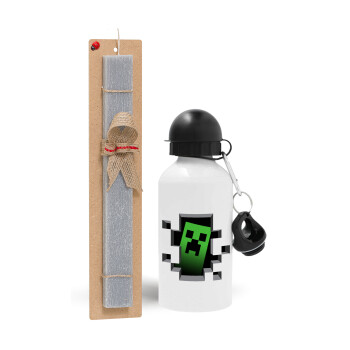 Minecraft creeper, Πασχαλινό Σετ, παγούρι μεταλλικό  αλουμινίου (500ml) & πασχαλινή λαμπάδα αρωματική πλακέ (30cm) (ΓΚΡΙ)