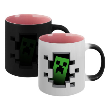 Minecraft creeper, Κούπα Μαγική εσωτερικό ΡΟΖ, κεραμική 330ml που αλλάζει χρώμα με το ζεστό ρόφημα (1 τεμάχιο)