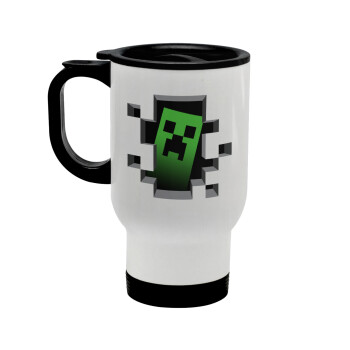 Minecraft creeper, Stainless steel travel mug with lid, double wall white 450ml