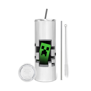 Minecraft creeper, Eco friendly stainless steel tumbler 600ml, with metal straw & cleaning brush