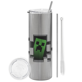 Minecraft creeper, Eco friendly stainless steel Silver tumbler 600ml, with metal straw & cleaning brush
