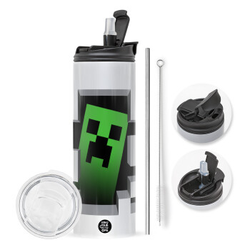 Minecraft creeper, Travel Tumbler θερμό με διπλό καπάκι, μεταλλικό καλαμάκι και βούρτσα καθαρισμού (Ανωξείδωτο 304 Food grade, BPA free, 600ml)