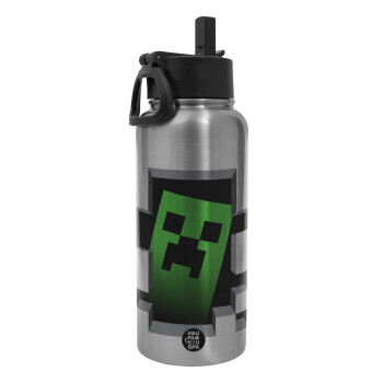 Minecraft creeper, Metal mug thermo Silver with Straw and Spout Lid (Stainless steel), double wall, 950ml