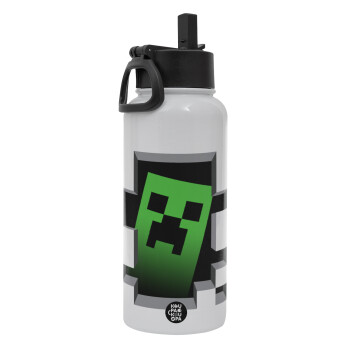 Minecraft creeper, Metal mug thermo White with Straw and Spout Lid (Stainless steel), double wall, 950ml