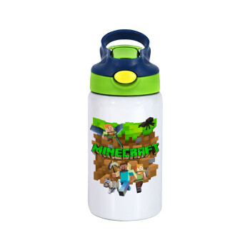Minecraft characters, Children's hot water bottle, stainless steel, with safety straw, green, blue (350ml)