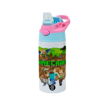 Minecraft characters, Children's hot water bottle, stainless steel, with safety straw, Pink/BlueCiel (360ml) BPA FREE