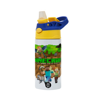 Minecraft characters, Children's hot water bottle, stainless steel, with safety straw, green, blue (360ml) BPA FREE