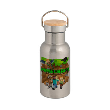 Minecraft characters, Stainless steel metallic thermos flask, silver with a bamboo lid, double-walled, 350ml.