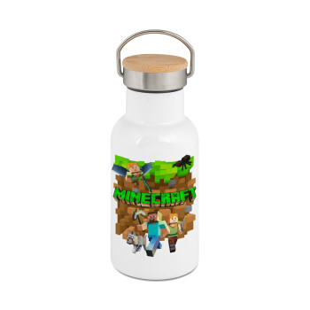 Minecraft characters, Metallic thermos (Stainless steel) White with wooden lid (bamboo), double-walled, 350ml