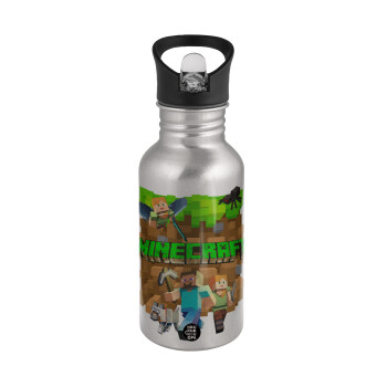 Minecraft characters, Water bottle Silver with straw, stainless steel 500ml