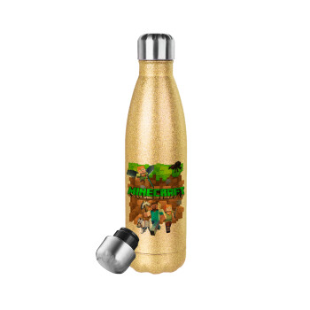 Minecraft characters, Glitter gold stainless steel thermos bottle, double-walled, 500ml