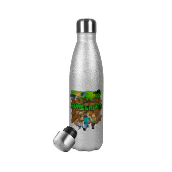 Minecraft characters, Μεταλλικό παγούρι θερμός Glitter Aσημένιο (Stainless steel), διπλού τοιχώματος, 500ml