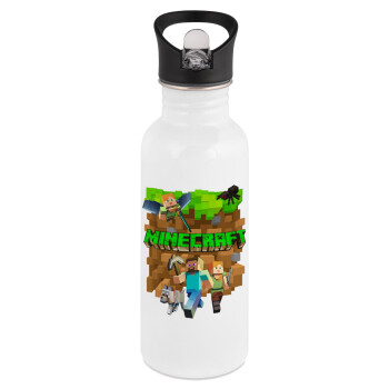 Minecraft characters, White water bottle with straw, stainless steel 600ml
