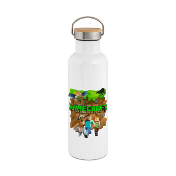 Minecraft characters, Stainless steel White with wooden lid (bamboo), double wall, 750ml