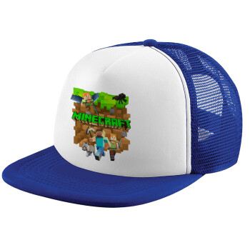 Minecraft characters, Adult Soft Trucker Hat with Blue/White Mesh (POLYESTER, ADULT, UNISEX, ONE SIZE)