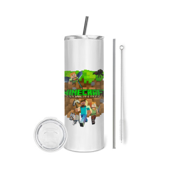 Minecraft characters, Tumbler ποτήρι θερμό από ανοξείδωτο ατσάλι 600ml, με μεταλλικό καλαμάκι & βούρτσα καθαρισμού