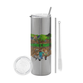 Minecraft characters, Eco friendly stainless steel Silver tumbler 600ml, with metal straw & cleaning brush