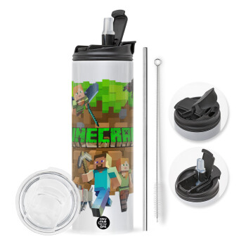 Minecraft characters, Travel Tumbler θερμό με διπλό καπάκι, μεταλλικό καλαμάκι και βούρτσα καθαρισμού (Ανωξείδωτο 304 Food grade, BPA free, 600ml)