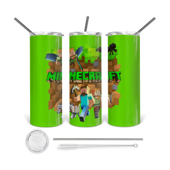 Minecraft characters, 360 Eco friendly ποτήρι θερμό (tumbler) από ανοξείδωτο ατσάλι 600ml, με μεταλλικό καλαμάκι & βούρτσα καθαρισμού