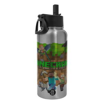 Minecraft characters, Metal mug thermo Silver with Straw and Spout Lid (Stainless steel), double wall, 950ml