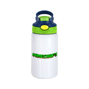 Minecraft logo green, Children's hot water bottle, stainless steel, with safety straw, green, blue (350ml)