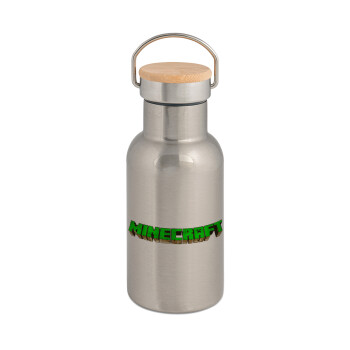 Minecraft logo green, Stainless steel metallic thermos flask, silver with a bamboo lid, double-walled, 350ml.