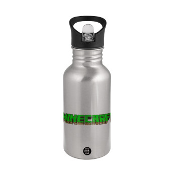 Minecraft logo green, Water bottle Silver with straw, stainless steel 500ml