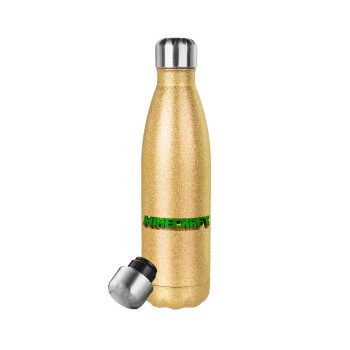 Minecraft logo green, Glitter gold stainless steel thermos bottle, double-walled, 500ml