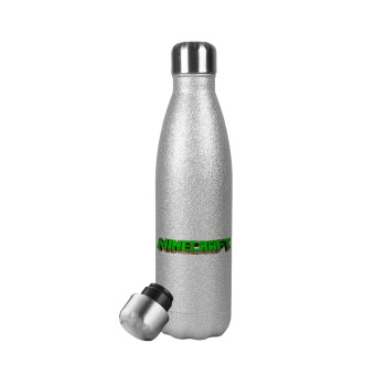 Minecraft logo green, Μεταλλικό παγούρι θερμός Glitter Aσημένιο (Stainless steel), διπλού τοιχώματος, 500ml