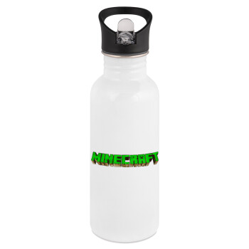 Minecraft logo green, White water bottle with straw, stainless steel 600ml