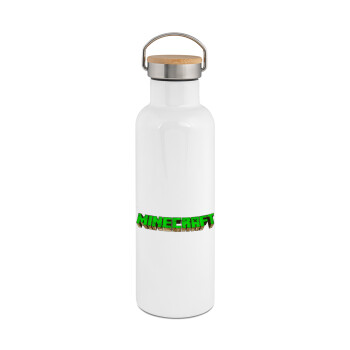 Minecraft logo green, Stainless steel White with wooden lid (bamboo), double wall, 750ml