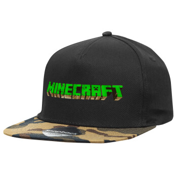 Minecraft logo green, Adult Flat Snapback Hat Black/Camouflage, (100% COTTON TWILL, ADULT, UNISEX, ONE SIZE)