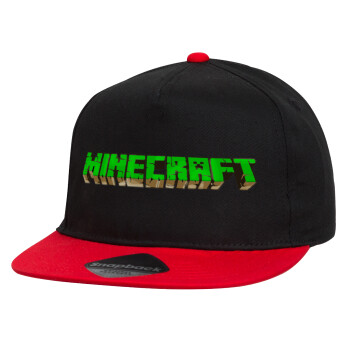 Minecraft logo green, Children's Flat Snapback Hat, Black/Red (100% COTTON, CHILDREN'S, UNISEX, ONE SIZE)