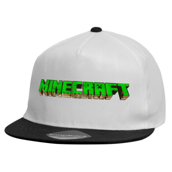 Minecraft logo green, Child's Flat Snapback Hat, White (100% COTTON, CHILDREN'S, UNISEX, ONE SIZE)