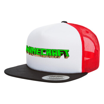 Minecraft logo green, Adult Foam Flat Snapback with Mesh Black-White-Red (POLYESTER, ADULT, UNISEX, ONE SIZE)