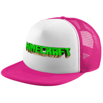 Minecraft logo green, Καπέλο παιδικό Soft Trucker με Δίχτυ ΡΟΖ/ΛΕΥΚΟ (POLYESTER, ΠΑΙΔΙΚΟ, ONE SIZE)