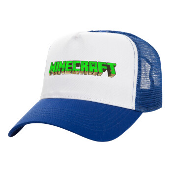 Minecraft logo green, Adult Structured Trucker Hat, with Mesh, WHITE/BLUE (100% COTTON, ADULT, UNISEX, ONE SIZE)