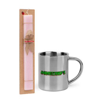 Minecraft logo green, Easter Set, metallic thermal cup (300ml) & aromatic flat Easter candle (30cm) (PINK)