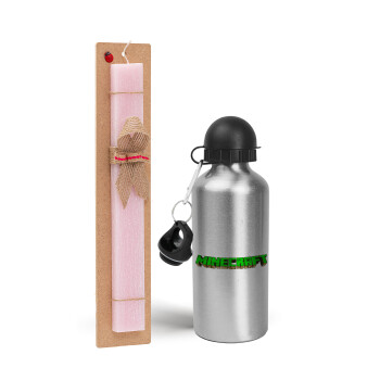 Minecraft logo green, Easter Set, metallic Silver aluminum water bottle (500ml) & scented flat Easter candle (30cm) (PINK)