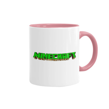 Minecraft logo green, Κούπα χρωματιστή ροζ, κεραμική, 330ml