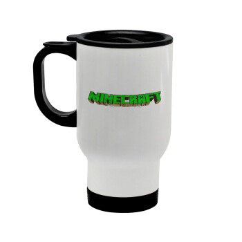 Minecraft logo green, Stainless steel travel mug with lid, double wall white 450ml