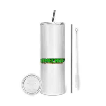 Minecraft logo green, Eco friendly stainless steel tumbler 600ml, with metal straw & cleaning brush
