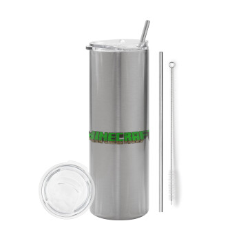 Minecraft logo green, Eco friendly stainless steel Silver tumbler 600ml, with metal straw & cleaning brush