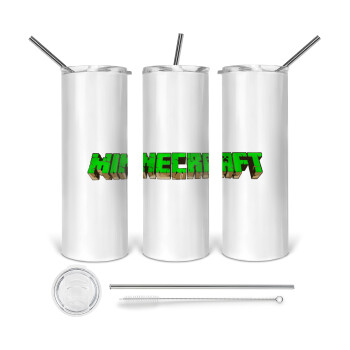 Minecraft logo green, 360 Eco friendly ποτήρι θερμό (tumbler) από ανοξείδωτο ατσάλι 600ml, με μεταλλικό καλαμάκι & βούρτσα καθαρισμού