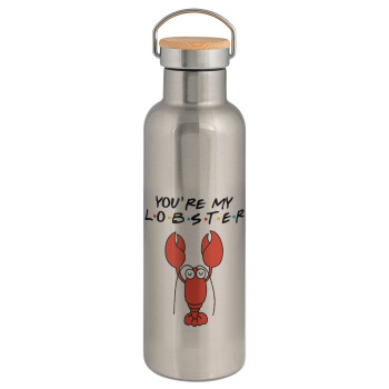 Friends you're my lobster, Μεταλλικό παγούρι θερμός (Stainless steel) Ασημένιο με ξύλινο καπακι (bamboo), διπλού τοιχώματος, 750ml