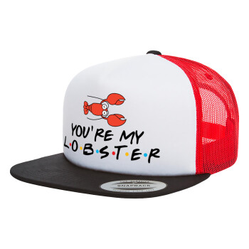 Friends you're my lobster, Adult Foam Flat Snapback with Mesh Black-White-Red (POLYESTER, ADULT, UNISEX, ONE SIZE)