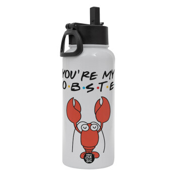 Friends you're my lobster, Metal mug thermo White with Straw and Spout Lid (Stainless steel), double wall, 950ml